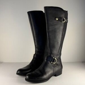 Naturalizer Womens Boots 8W Black Leather Riding Knee High Buckle Comfort